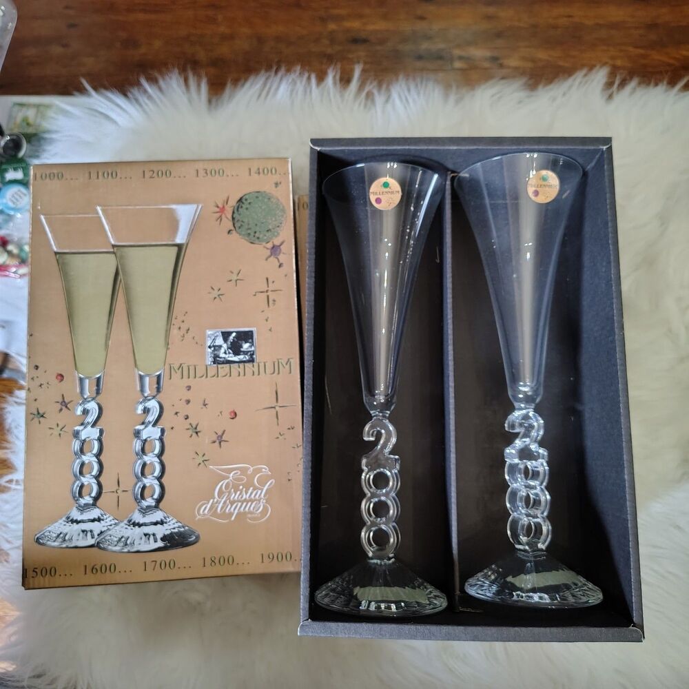 Champagne Flutes Year 2000 Cristal D'Arques Lead Crystal New Year CelebrationSET